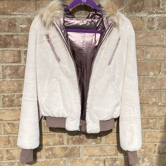 Ramy Brook Julian Reversible Jacket Faux Fur& Rose Gold Metallic Bomber Small - Picture 5 of 14